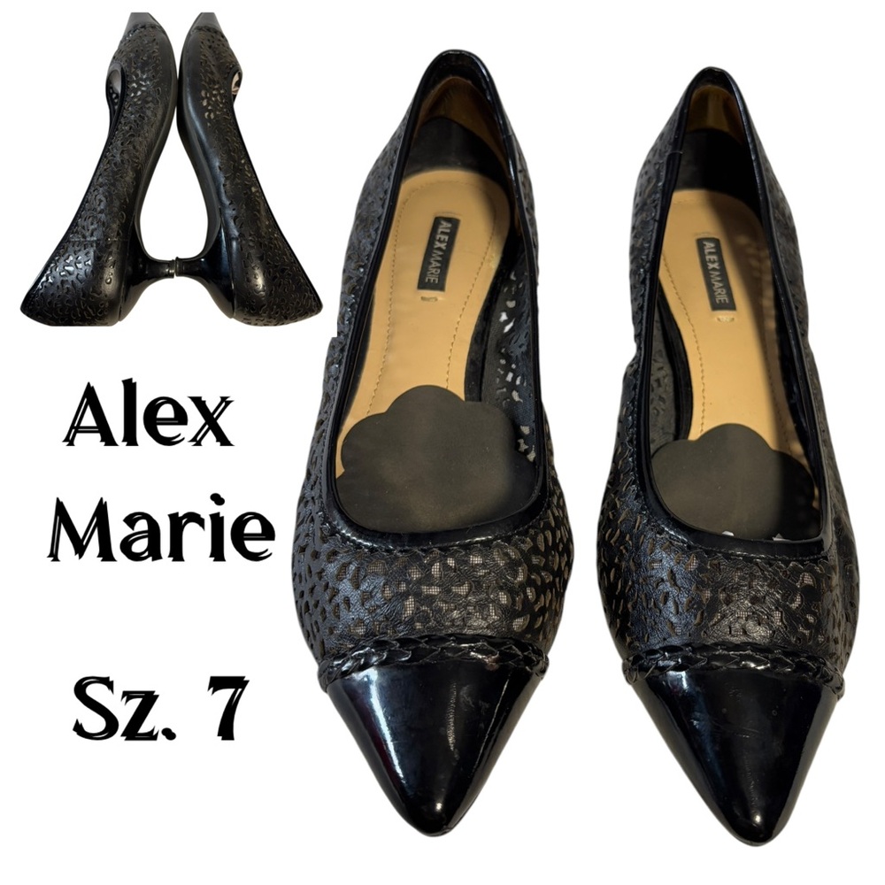 Alex Marie laser cut low heel black patent leather shoes pointed to Sz 7